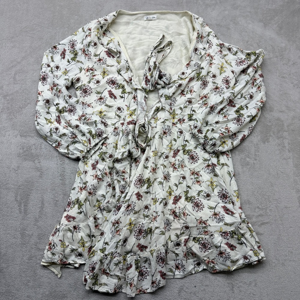 Skylar + Jade Dress Women's XL Cream Floral Boho Tie Front Ruffle‎ Mini Festival